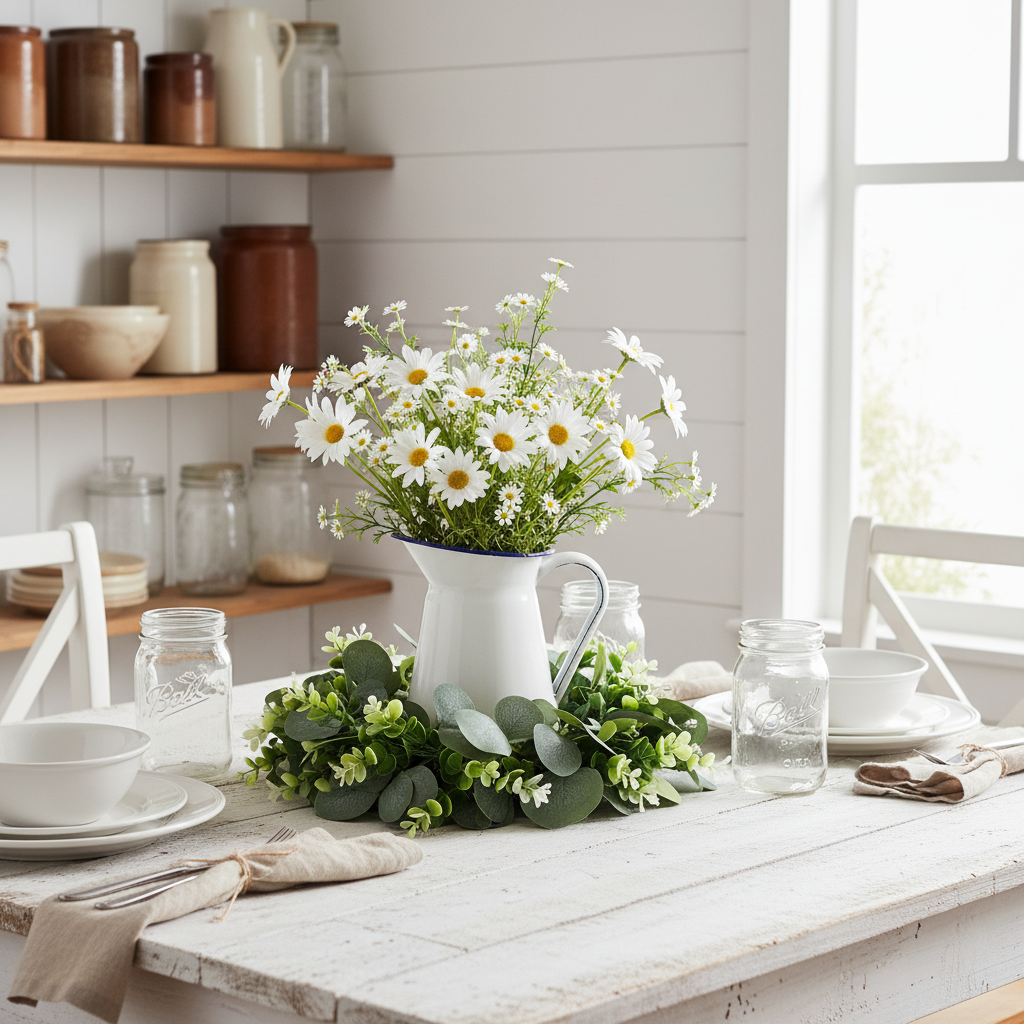 Cottage farmhouse eucalyptus wreath centerpiece with vintage enamelware and daisies