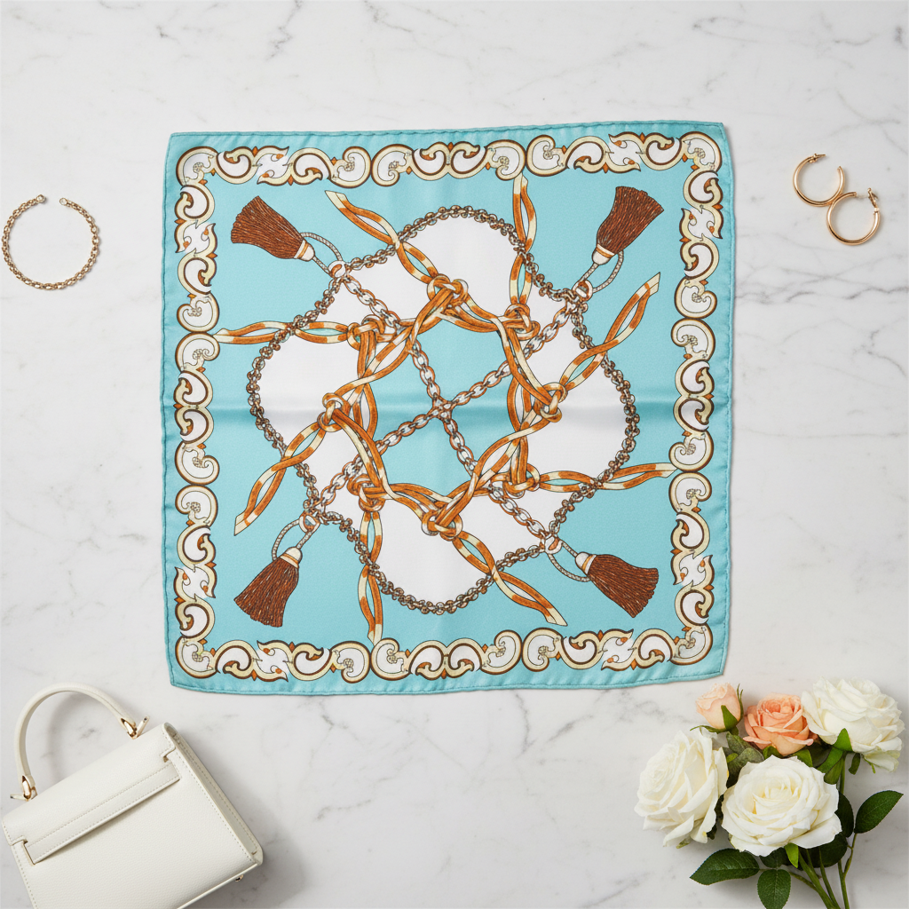 Seafoam blue equestrian satin square scarf flat lay on white marble with white leather handbag gold jewelry and fresh florals overhead light 20x20