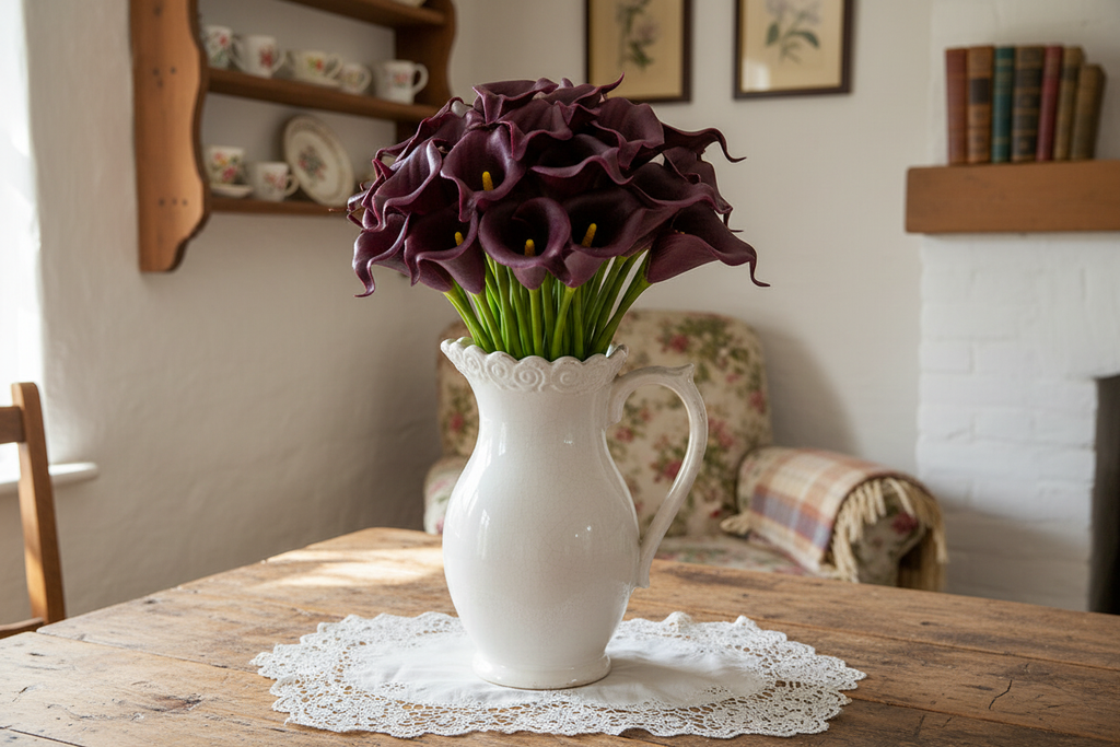 Eggplant purple calla lily stems arranged in vintage white ceramic pitcher on rustic cottage table with lace doily