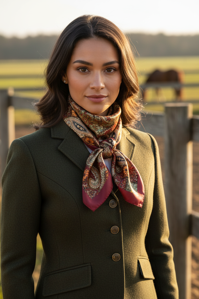 Woman with tan skin wearing burgundy paisley satin scarf as equestrian neck scarf over olive jacket at golden hour paddock fence