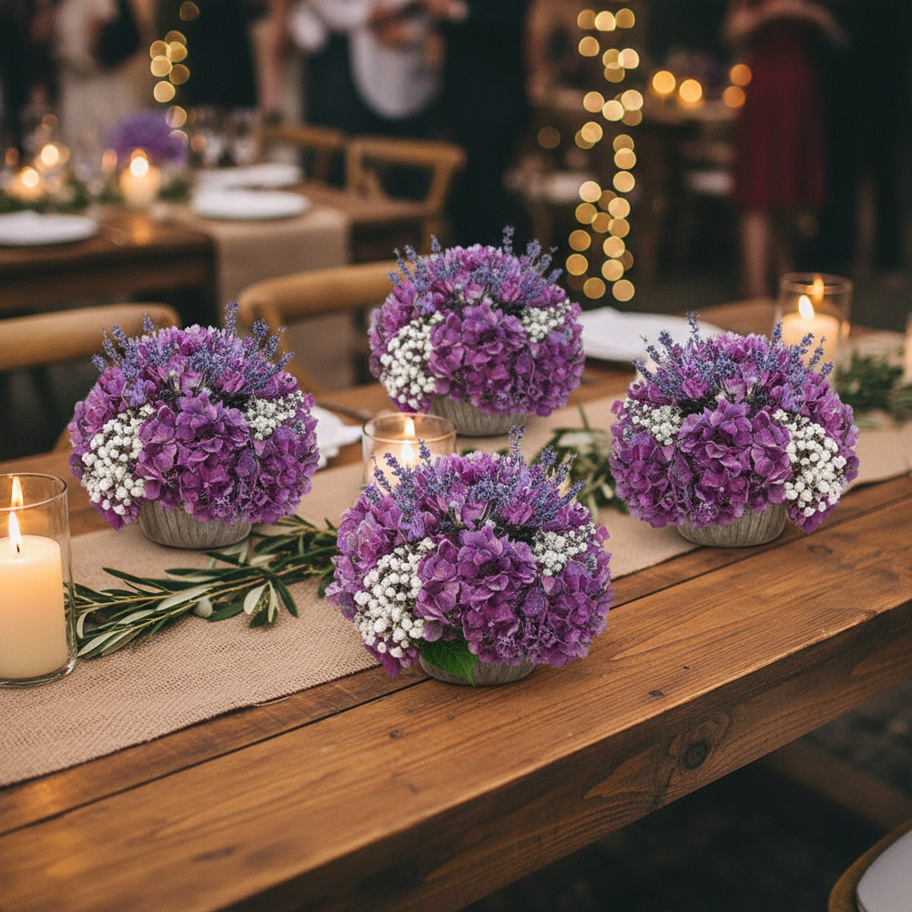 Four small fresh lavender and purple hydrangea centerpieces made from cut wet floral foam blocks in mason jars on rustic farm party table