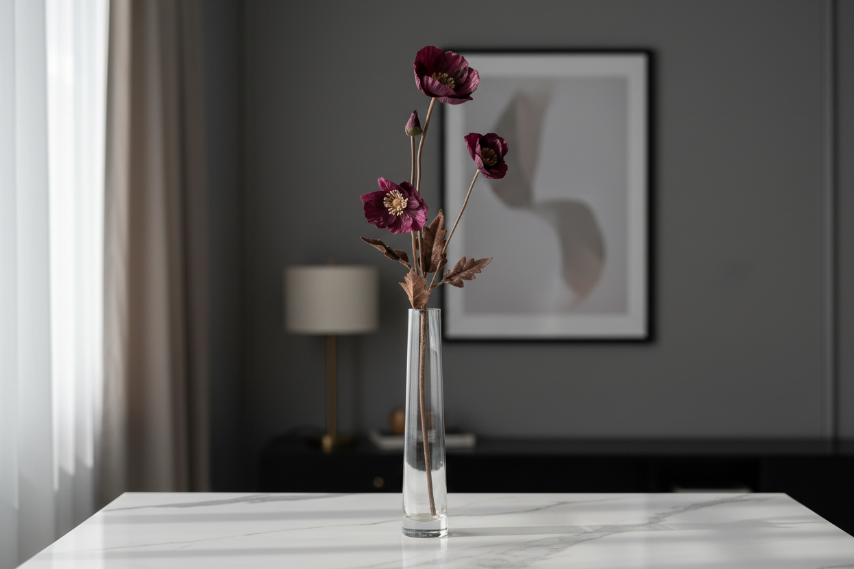 Dark purple artificial flower stem in modern minimalist clear glass vase on white marble surface
