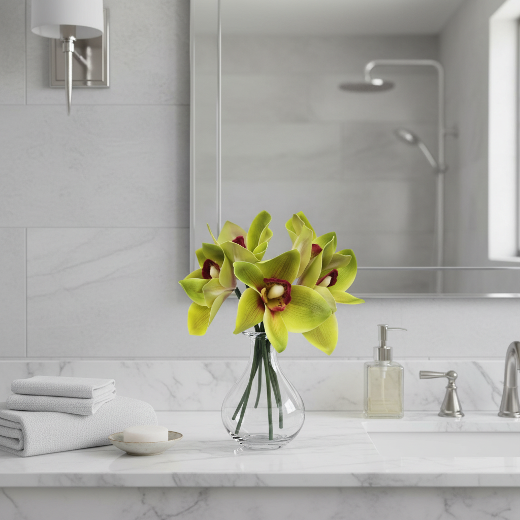 Artificial green cymbidium orchid stems displayed in elegant vase on white marble bathroom vanity