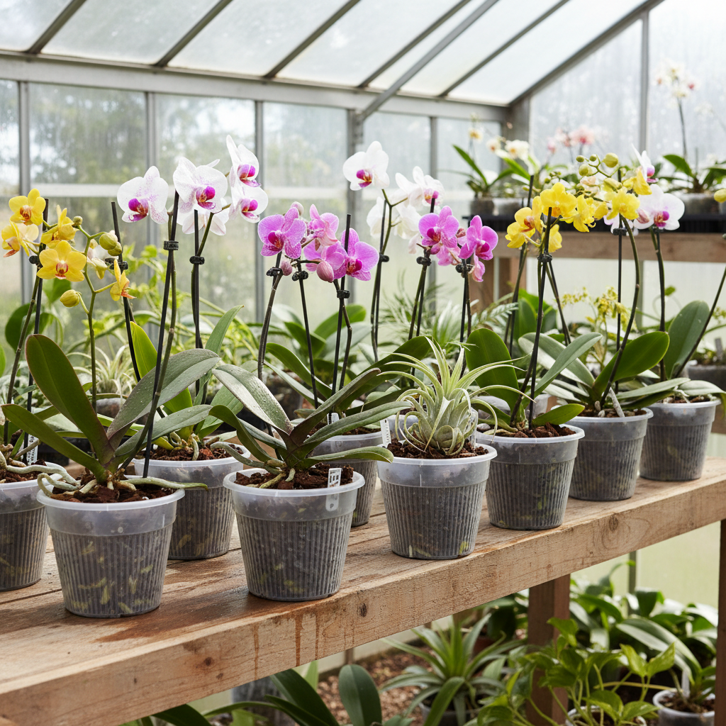 Multiple clear 5 inch slotted orchid pots with open ventilation slits on a greenhouse shelf with tropical plants