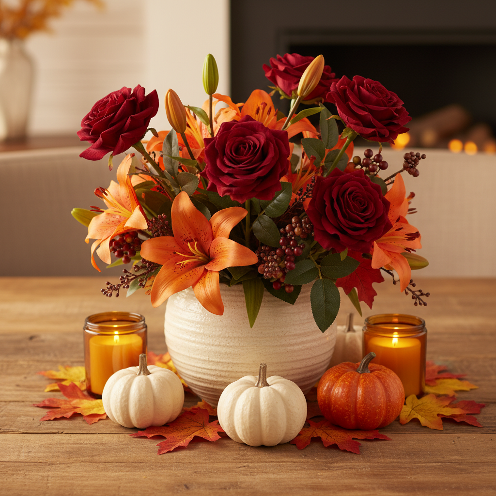 Dark red faux roses and orange lilies fall table centerpiece with pumpkins and amber candles on wooden dining table
