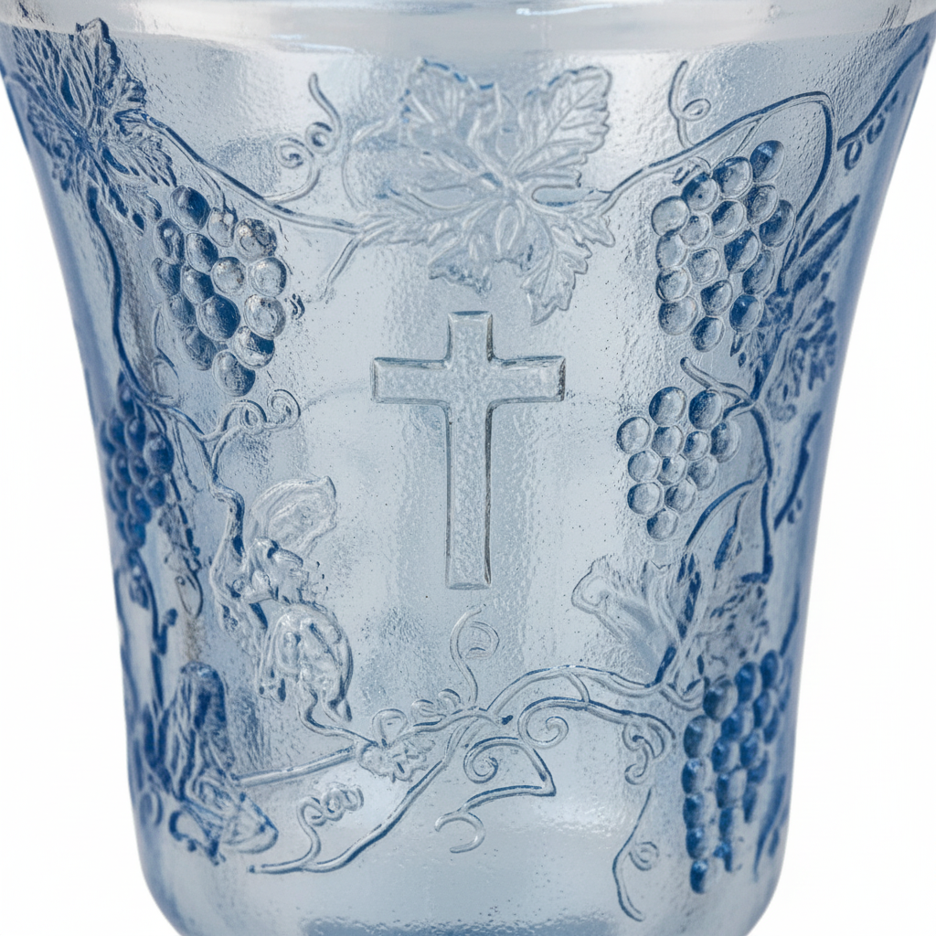 Close-up detail of Last Supper embossed relief with cross and grape vine motifs on blue pressed glass chalice