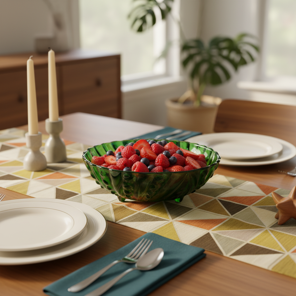 Vintage Anchor Hocking green footed bowl styled on mid-century modern dining table with berries, 1950s emerald glass Burple pattern dessert bowl in elegant table setting