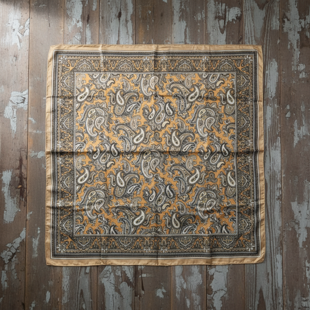 Gold taupe paisley wild rag scarf flat lay on rustic weathered wood, 23 inch square showing intricate vintage pattern in cream black tones