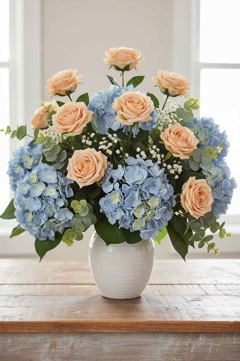 Champagne artificial rose stems arranged with blue hydrangeas, baby's breath, and eucalyptus in a white ceramic vase on a rustic farmhouse wood table