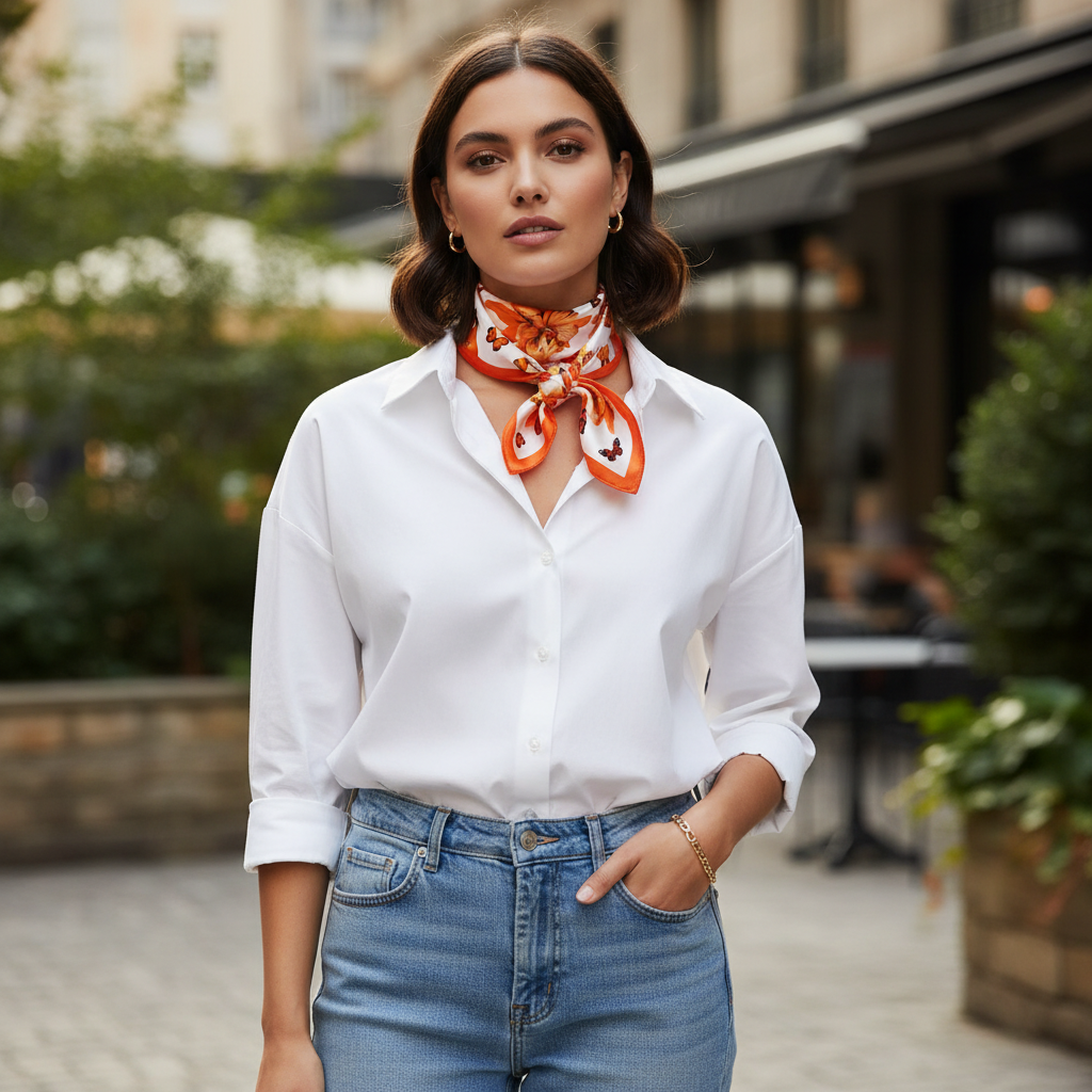 Woman Wearing Orange Butterfly Floral Satin Scarf as Neck Scarf 20x20 Square Accessory
