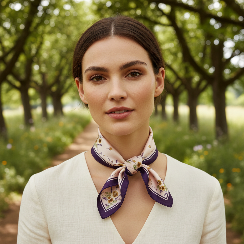 Woman wearing blush pink and purple floral satin scarf as compact square neck accessory
