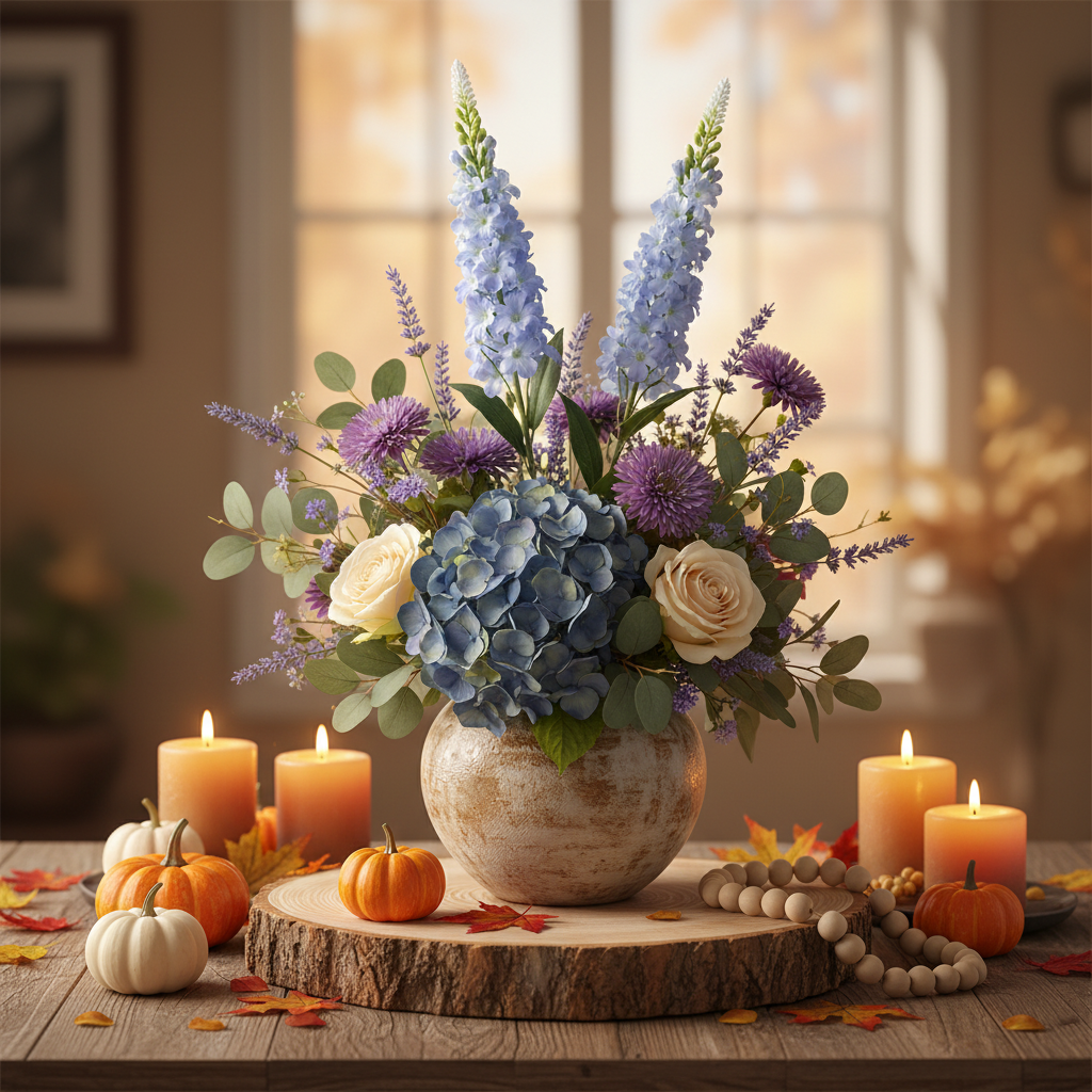 Light blue snapdragon larkspur spike stems in a fall centerpiece vase with blue hydrangeas, lavender, purple asters, ivory roses and eucalyptus on a wood slice with pumpkins and amber candles