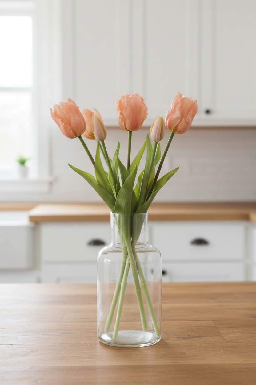 5 peach coral tulip stems in clear glass vase on farmhouse kitchen counter