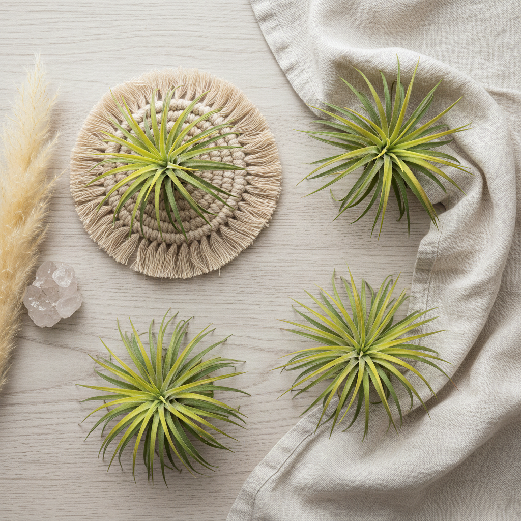 Flat lay of 3 faux tillandsia air plants with boho accessories including macrame, crystals, and pampas grass on wood surface