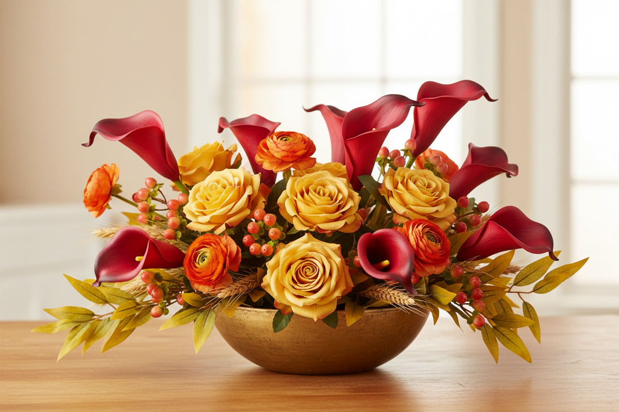 Bright fall harvest centerpiece featuring matte red artificial calla lily stems with golden yellow roses, burnt orange ranunculus, amber berries, and golden wheat in a wide gold ceramic bowl