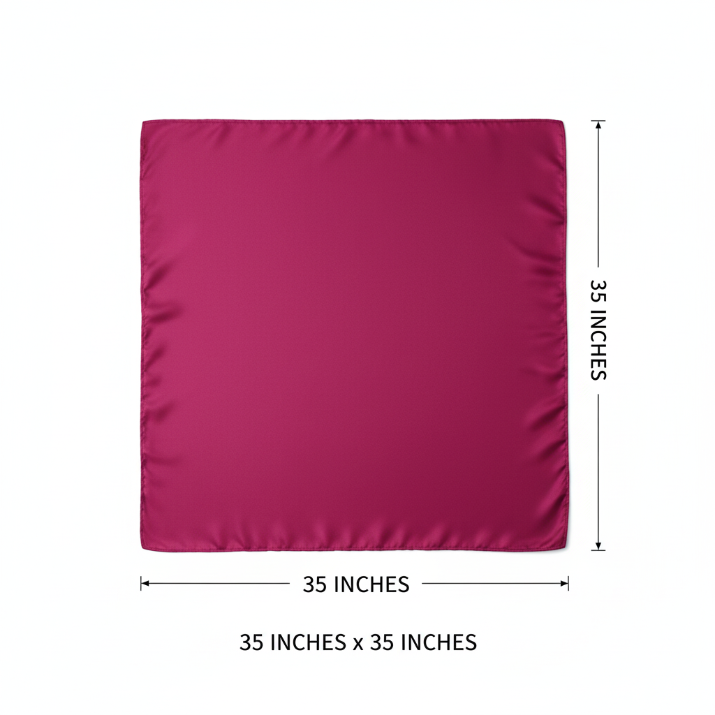 Dark pink wild rag scarf measurements diagram showing 35 x 35 inch dimensions with black dimension lines