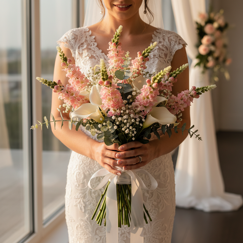 Pink and white snapdragon stems with white calla lilies in elegant bridal wedding bouquet