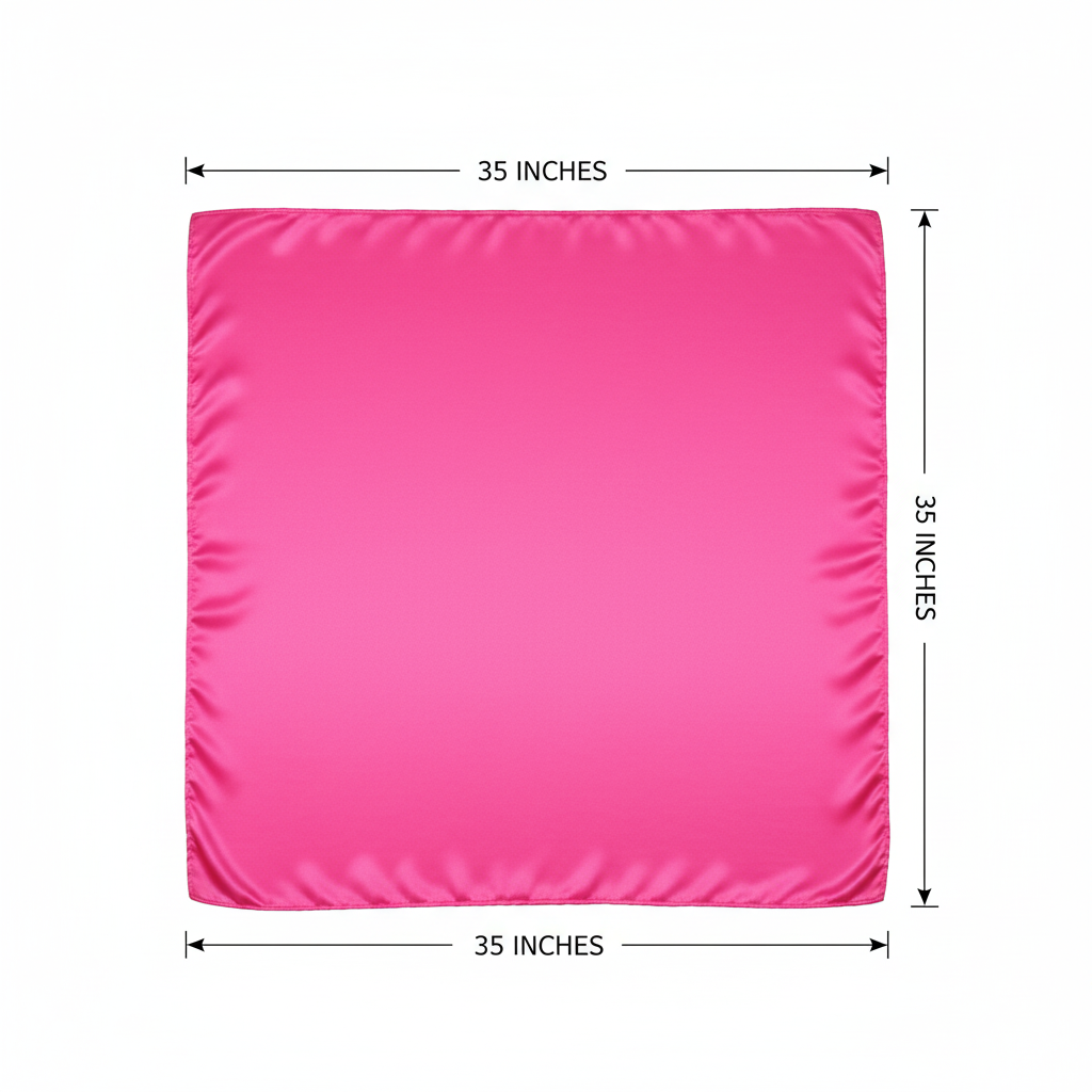 Measurement diagram showing hot pink wild rag scarf 35x35 inches laid flat on white background