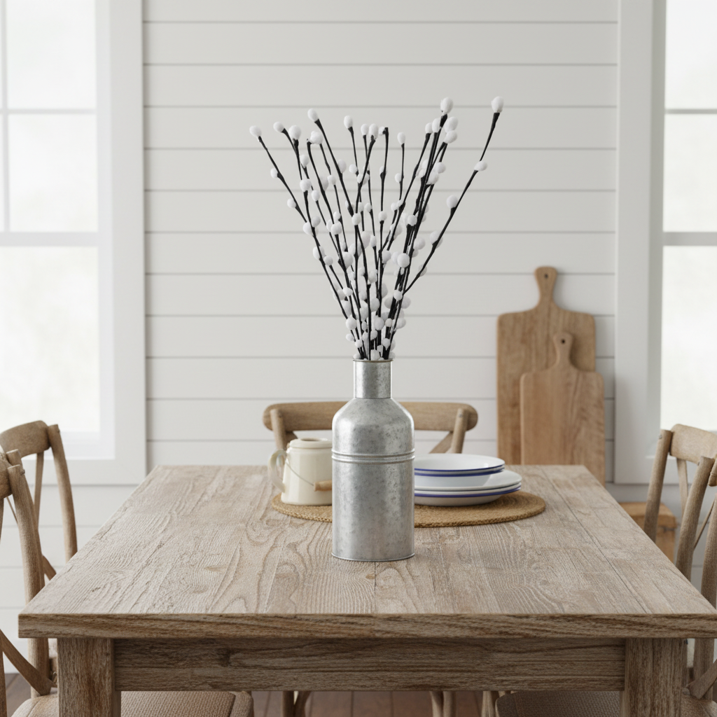 Artificial pussy willow stems with black branches and white buds in galvanized metal bucket on reclaimed wood table in country farmhouse kitchen
