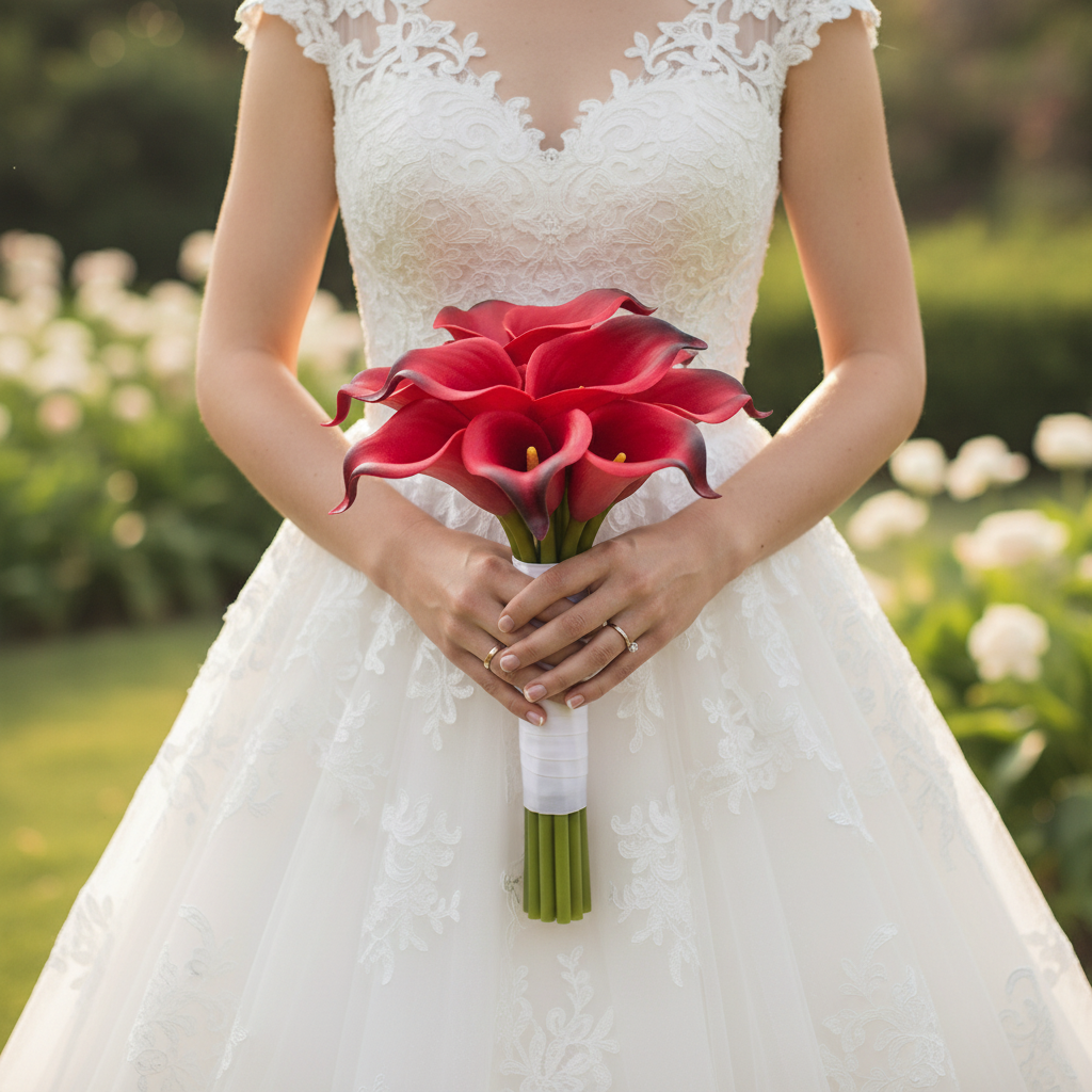 Cherry red black edge real touch artificial calla lily bridal bouquet held by bride in white wedding gown - faux wedding flowers