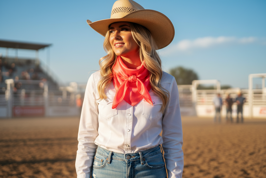 Coral wild rag worn at summer rodeo with blue sky, white western shirt and light denim