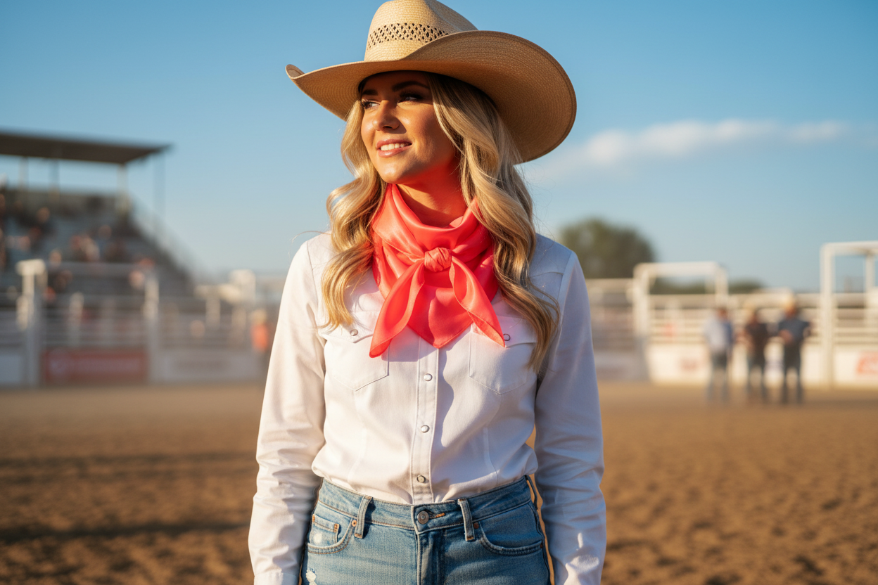 Coral wild rag worn at summer rodeo with blue sky, white western shirt and light denim