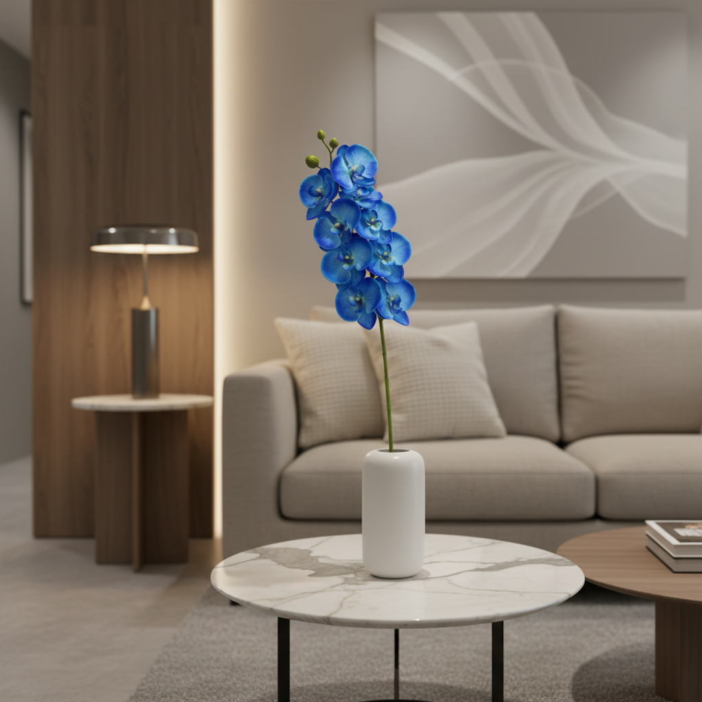 Vivid sapphire blue artificial orchid stem in a white ceramic vase on a modern side table, minimalist luxury living room decor