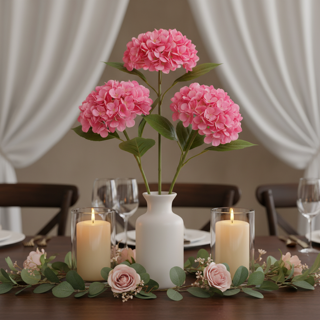 Three pink artificial hydrangea stems arranged in white ceramic vase wedding table centerpiece with candles and greenery
