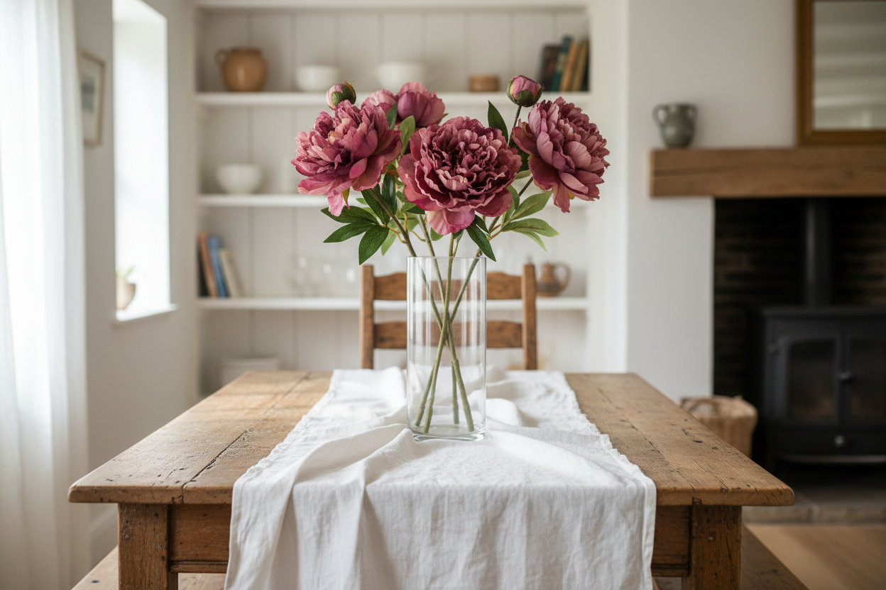 Farmhouse dining table with lavender wine peony stems in glass vase with white linen and natural light