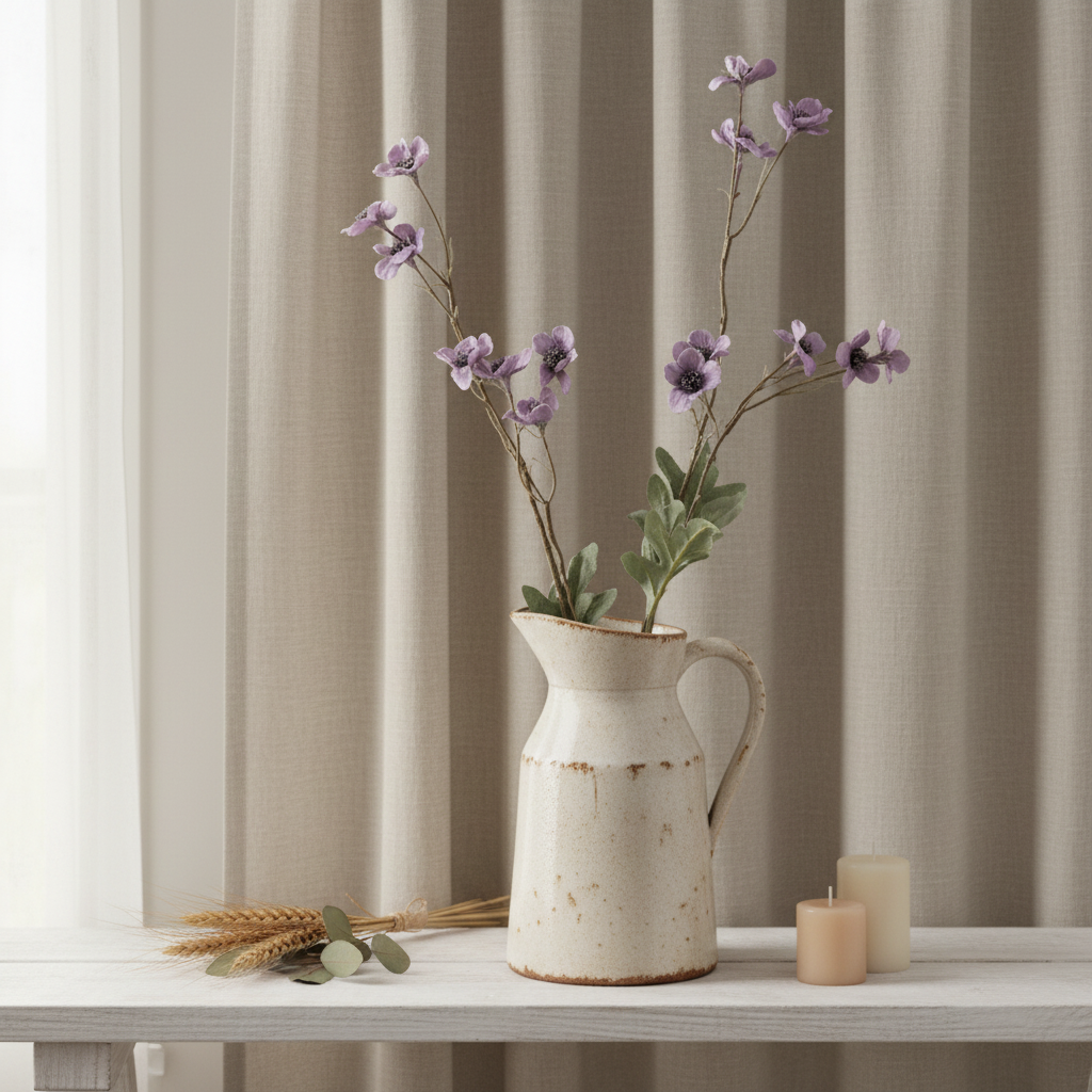 Dusty lavender faux wildflower stems arranged in a rustic cream ceramic pitcher on a white wooden shelf with candles and dried botanicals, cottagecore home decor