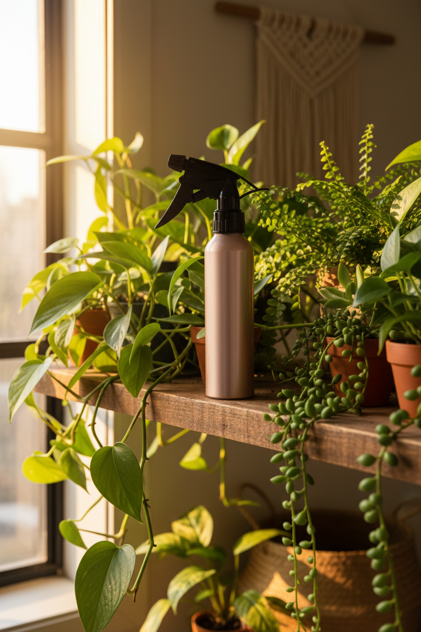 Rose gold metallic aluminum spray bottle among pothos ferns and trailing vines on boho wooden plant shelf, natural light