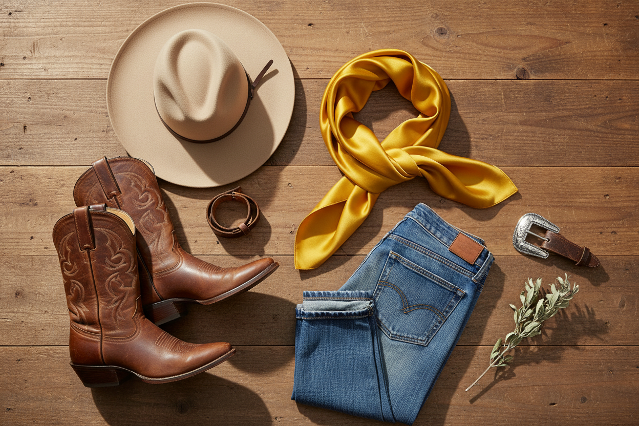 Golden yellow wild rag flat lay with brown leather boots, cowboy hat, and denim jeans on rustic wood