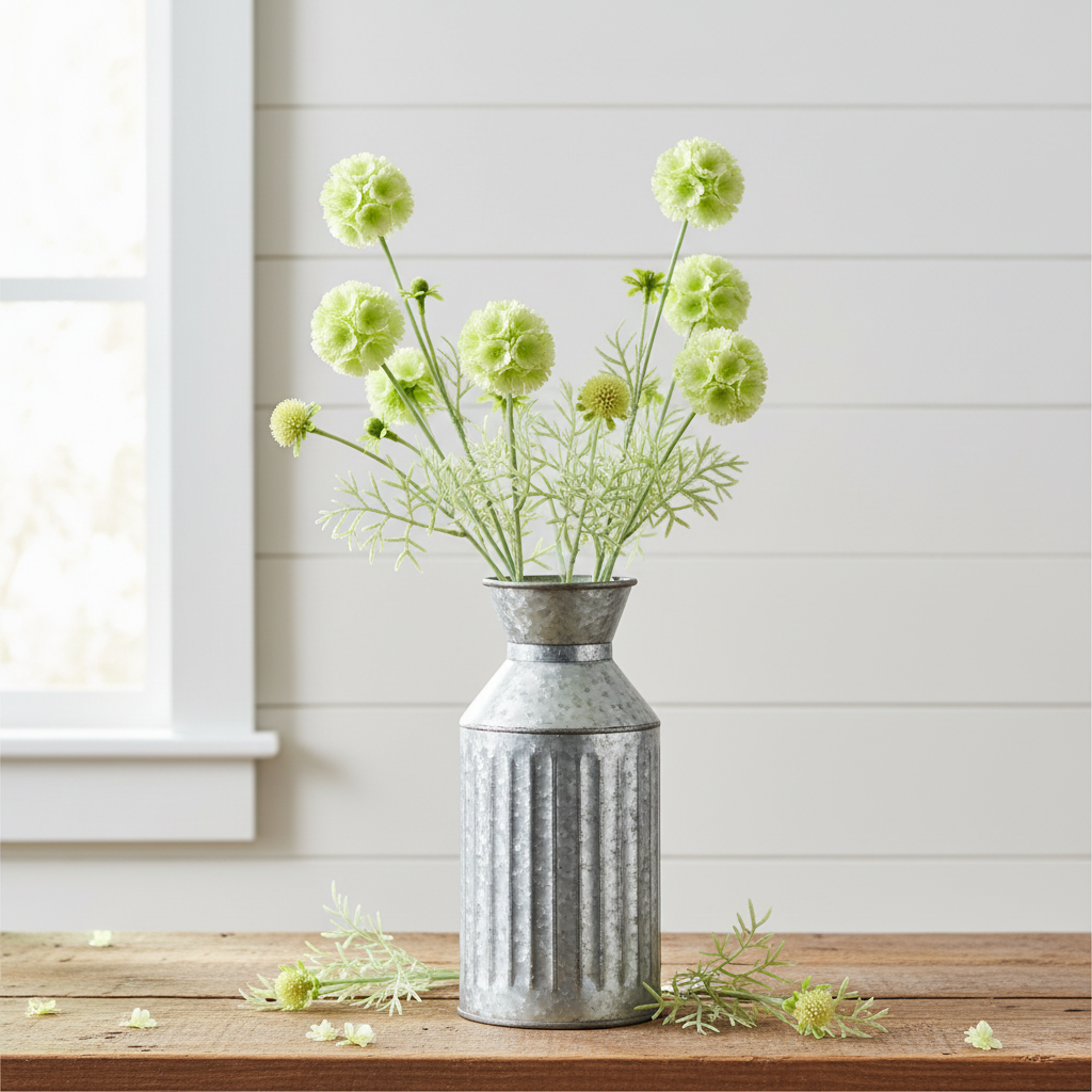Faux green white scabiosa wildflower stems in a white farmhouse vase on rustic wood planks with soft neutral shiplap wall background