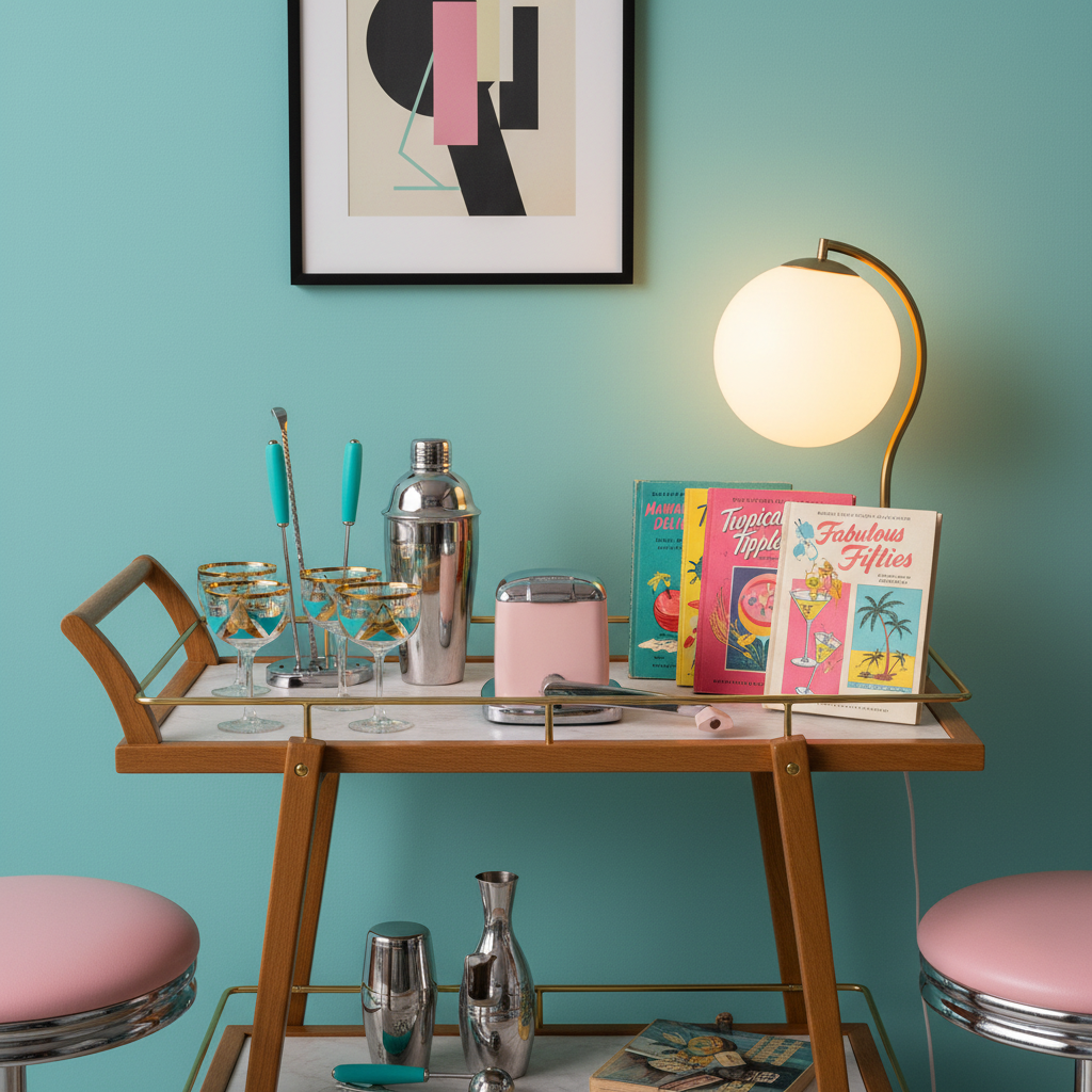Vintage pink and chrome Maid of Honor ice crusher styled on mid-century modern bar cart with retro cocktail glasses and chrome shaker