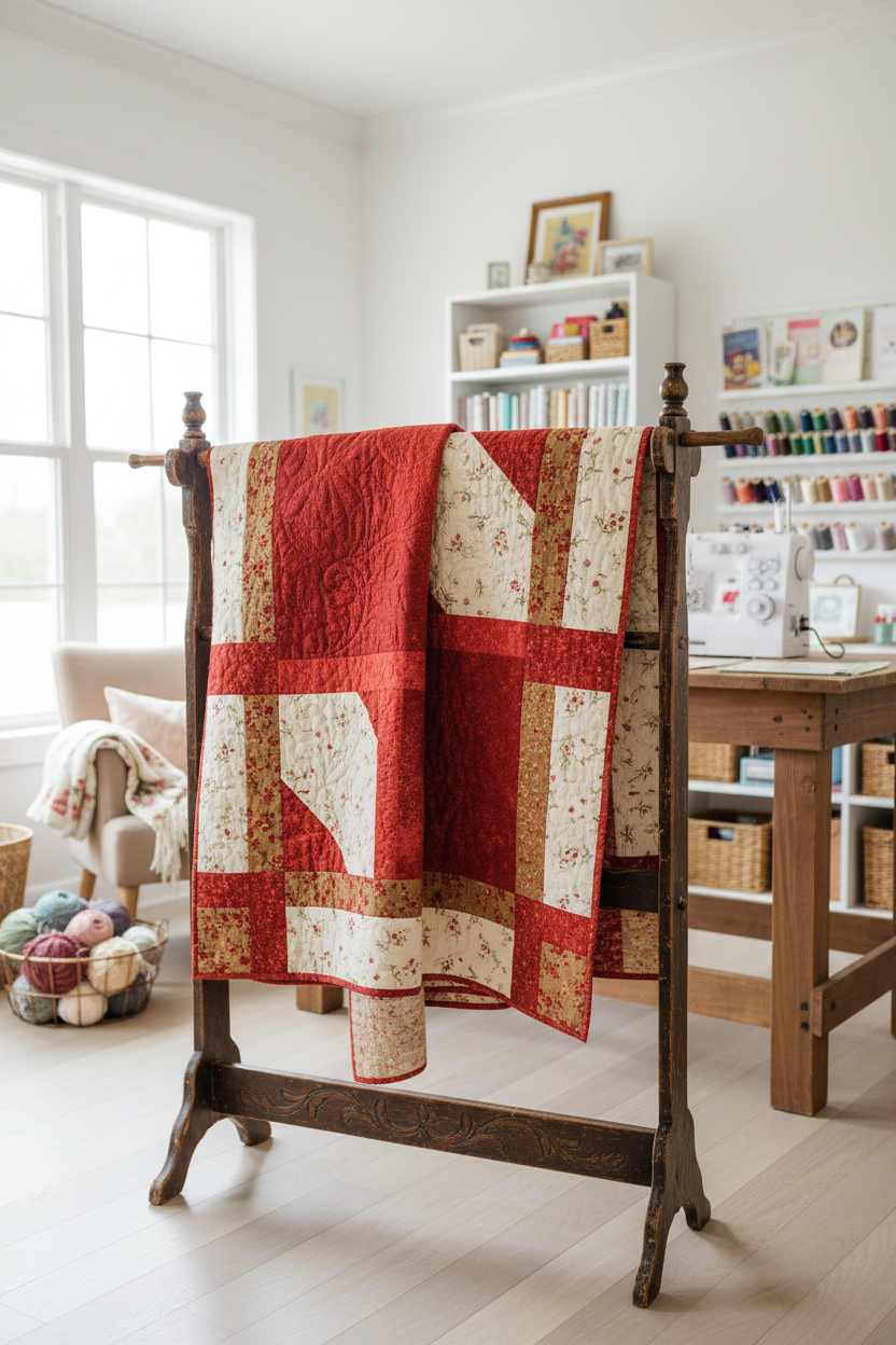 Handmade quilt featuring vibrant red tone-on-tone fabric displayed on vintage quilt rack in bright room