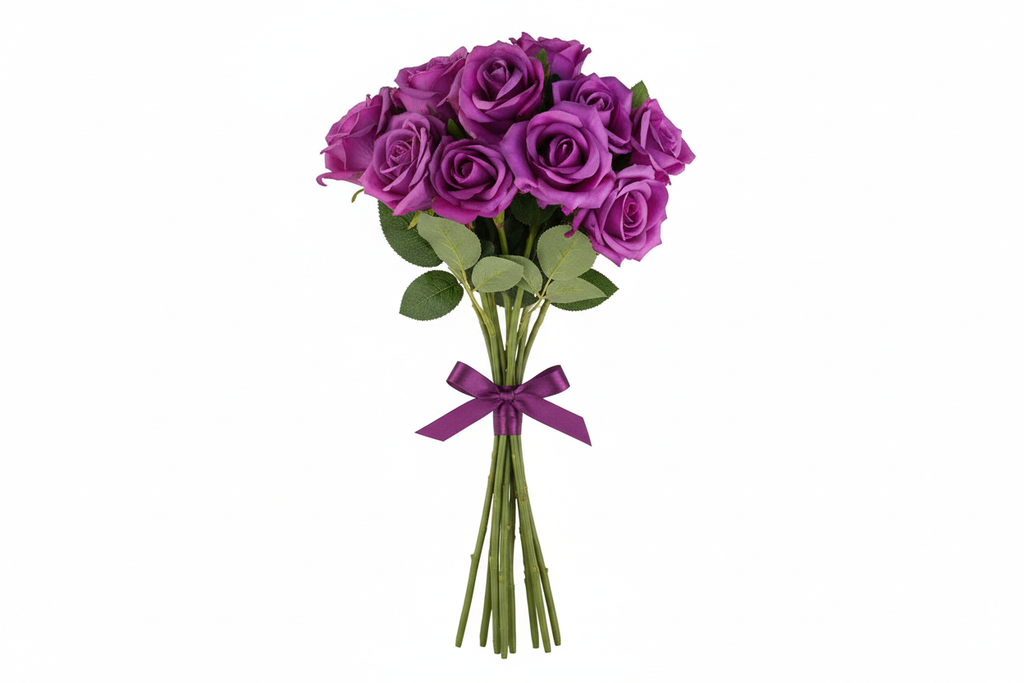 Bouquet of exactly 12 purple roses with short ribbon laid flat on white background