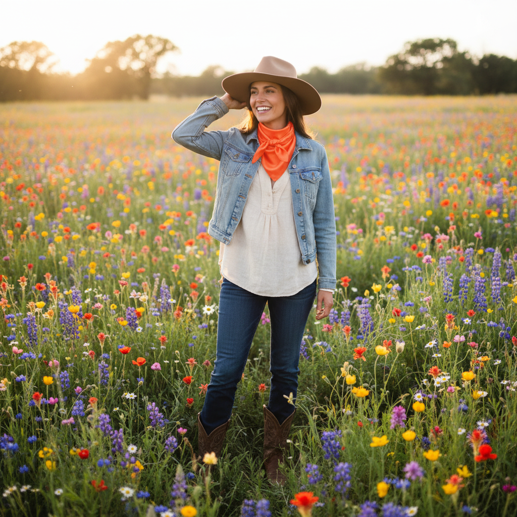 Spring wildflower field lifestyle with woman wearing coral orange satin wild rag scarf, natural sunlight