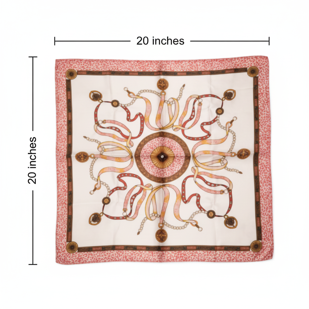 Pink medallion satin scarf measurement diagram showing 20x20 inch dimensions