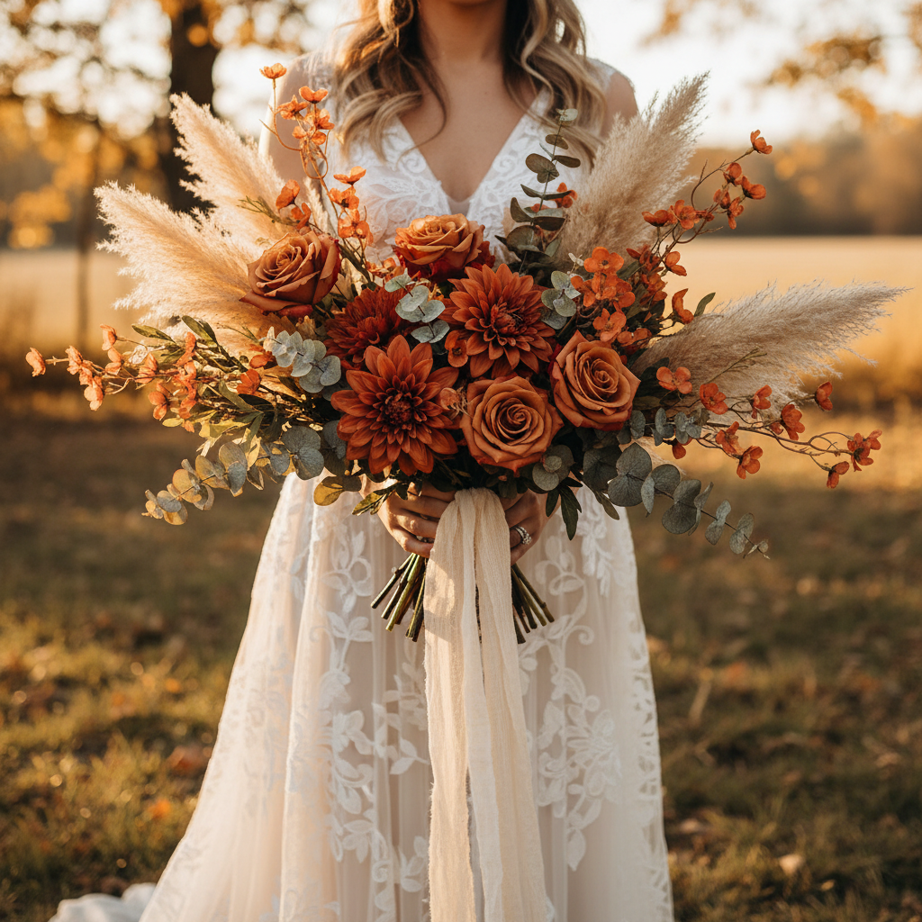 Artificial terracotta coral dogwood stems as filler in boho fall bridal bouquet with burnt orange dahlias and pampas grass