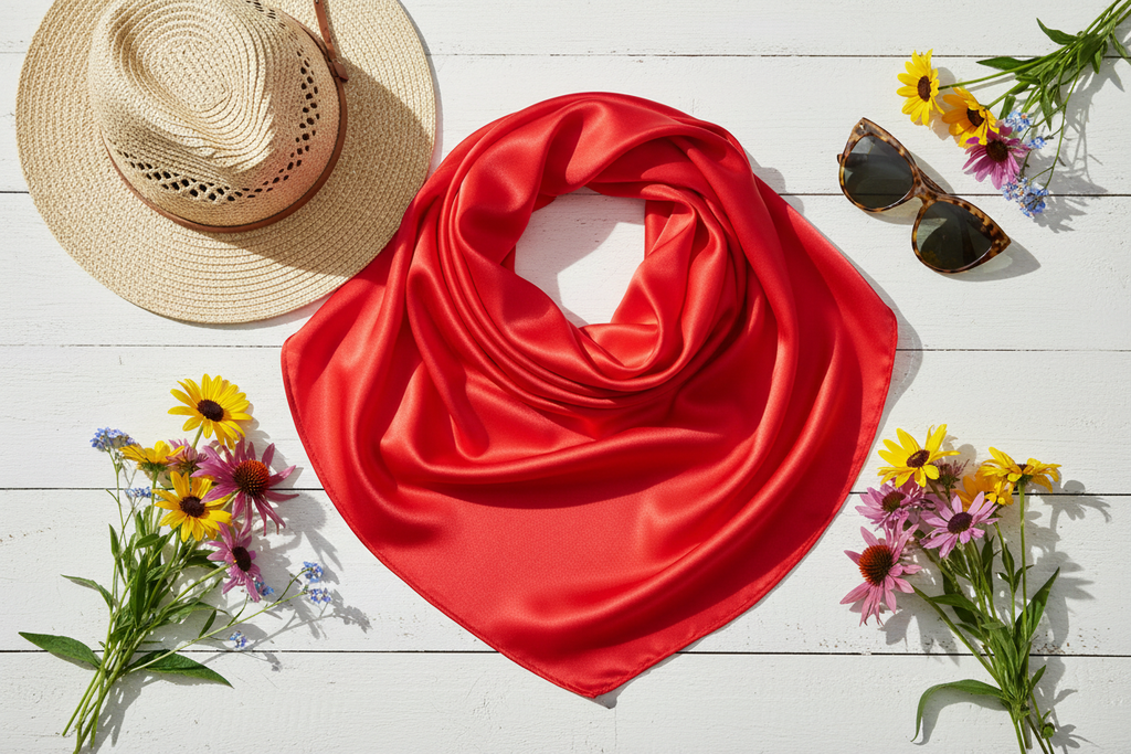 Bright red wild rag summer flat lay with straw hat, sunglasses, and wildflowers on white wood