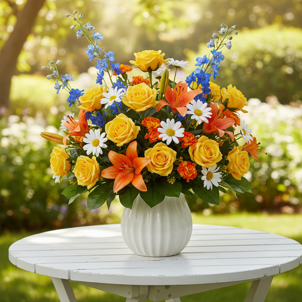 Artificial bright yellow roses with orange lilies, blue delphinium, and white daisies in a white ribbed ceramic vase on a white garden table in a bright outdoor garden setting