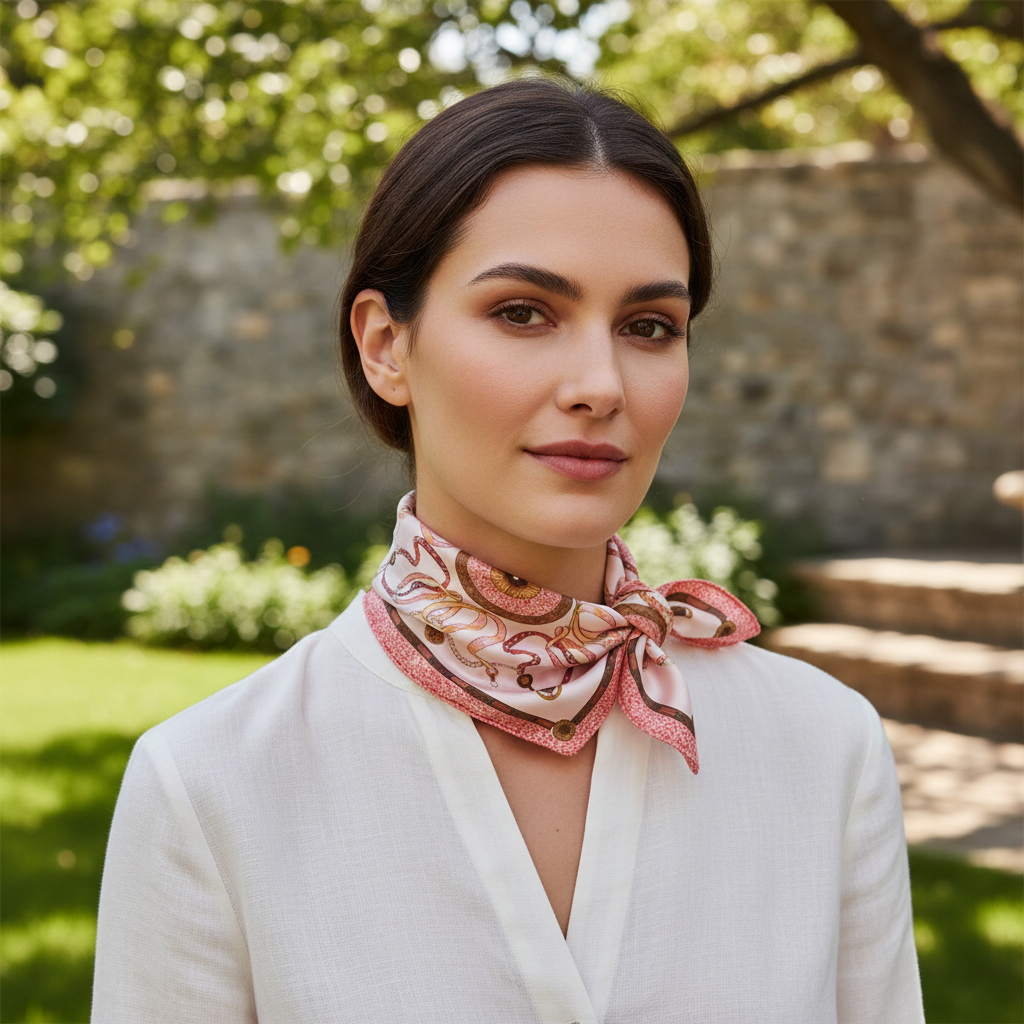 Woman wearing pink medallion satin scarf as compact square neck accessory