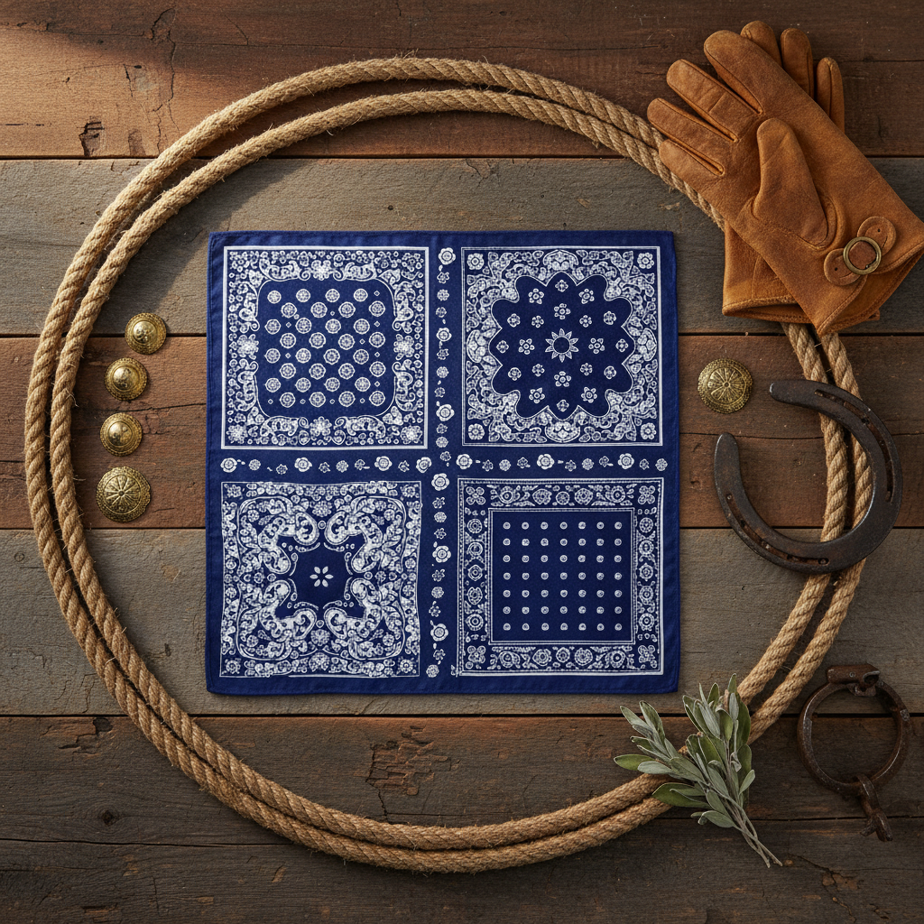 Flat lay of navy blue paisley bandana with rope, horseshoe, and ranch items on barn wood