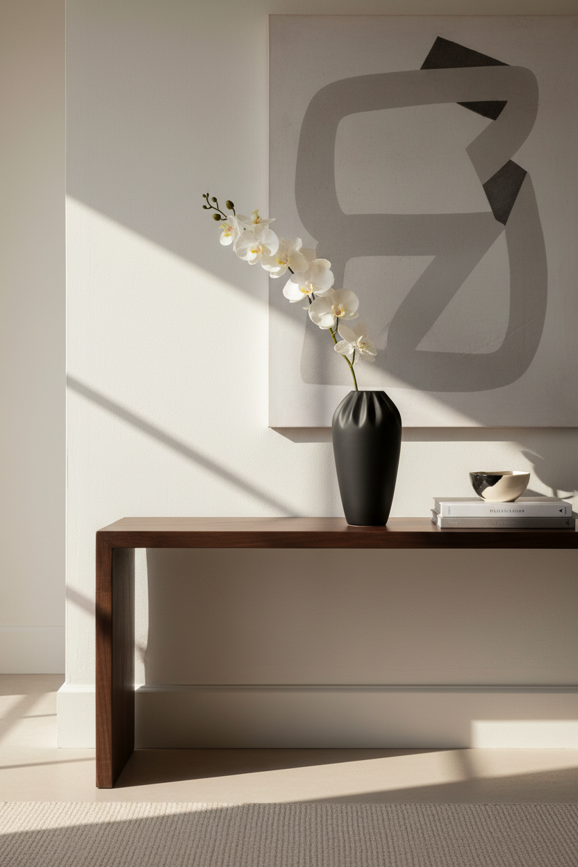 Single white Phalaenopsis orchid in elegant black vase on modern console table, sophisticated minimalist decor
