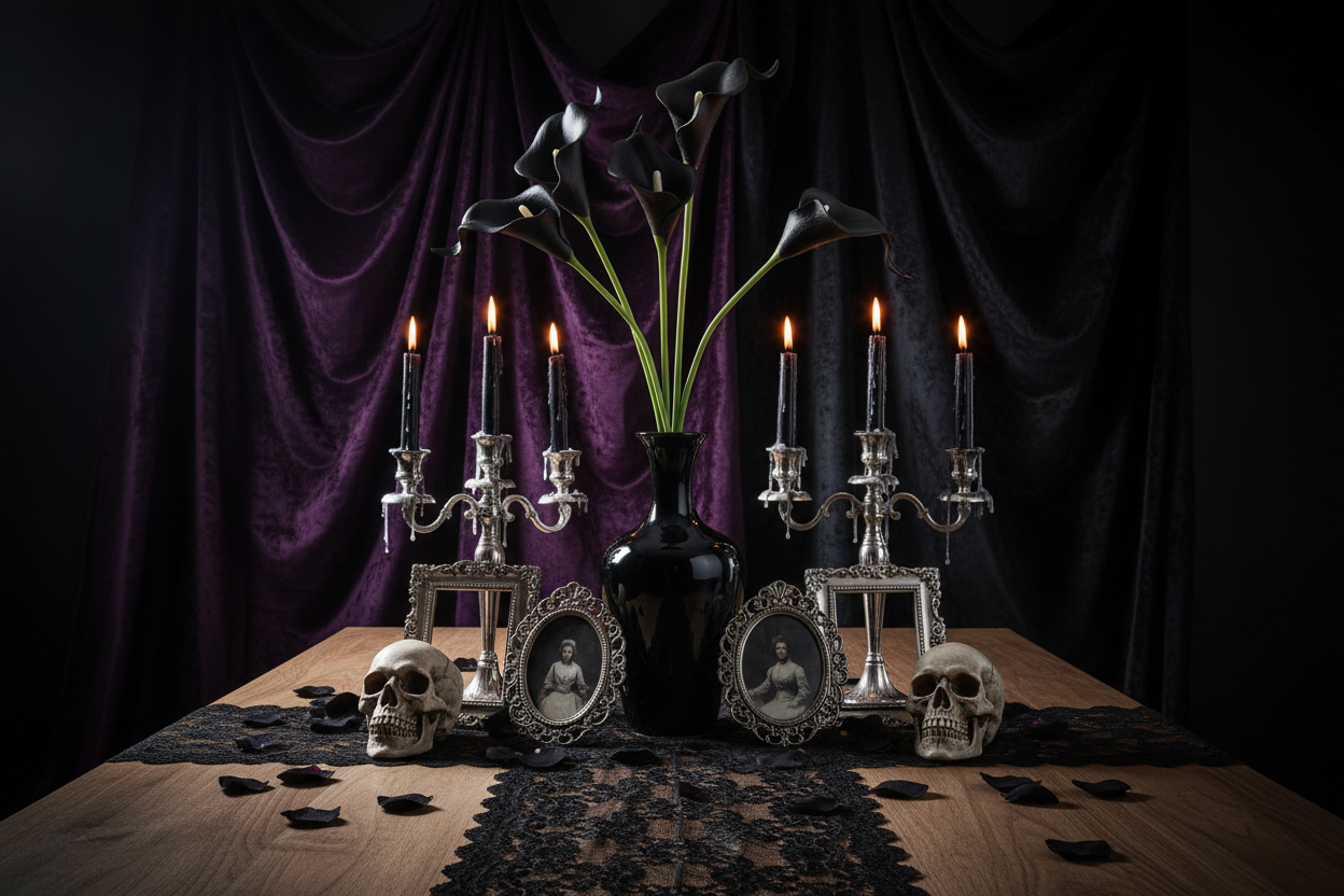 Black calla lily faux stems arranged in a tall black vase on a moody gothic Halloween tablescape with candelabras, skulls, black lace, and dripping candles