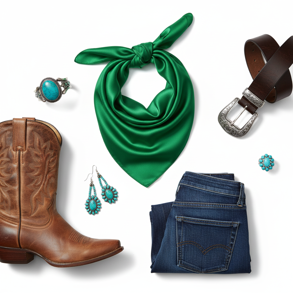 Flat lay of emerald green wild rag scarf with western boots, belt, and jewelry