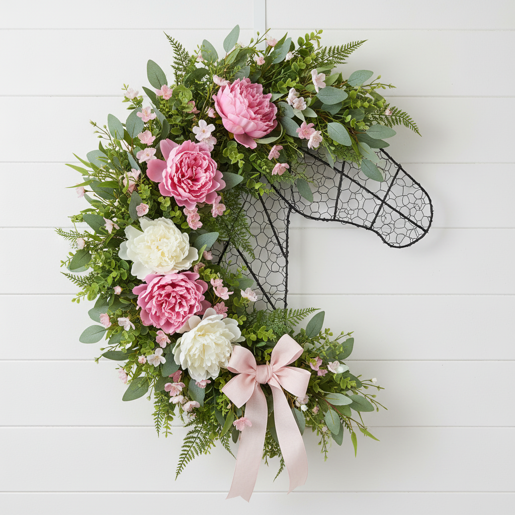 Black metal wire horse head wreath frame filled with spring peonies eucalyptus and pink ribbon bow on white shiplap wall