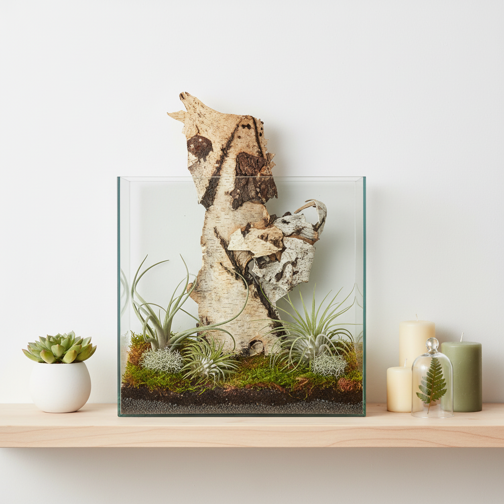 Natural birch bark sheet used as backdrop in glass terrarium with air plants and moss on modern shelf with botanical elements