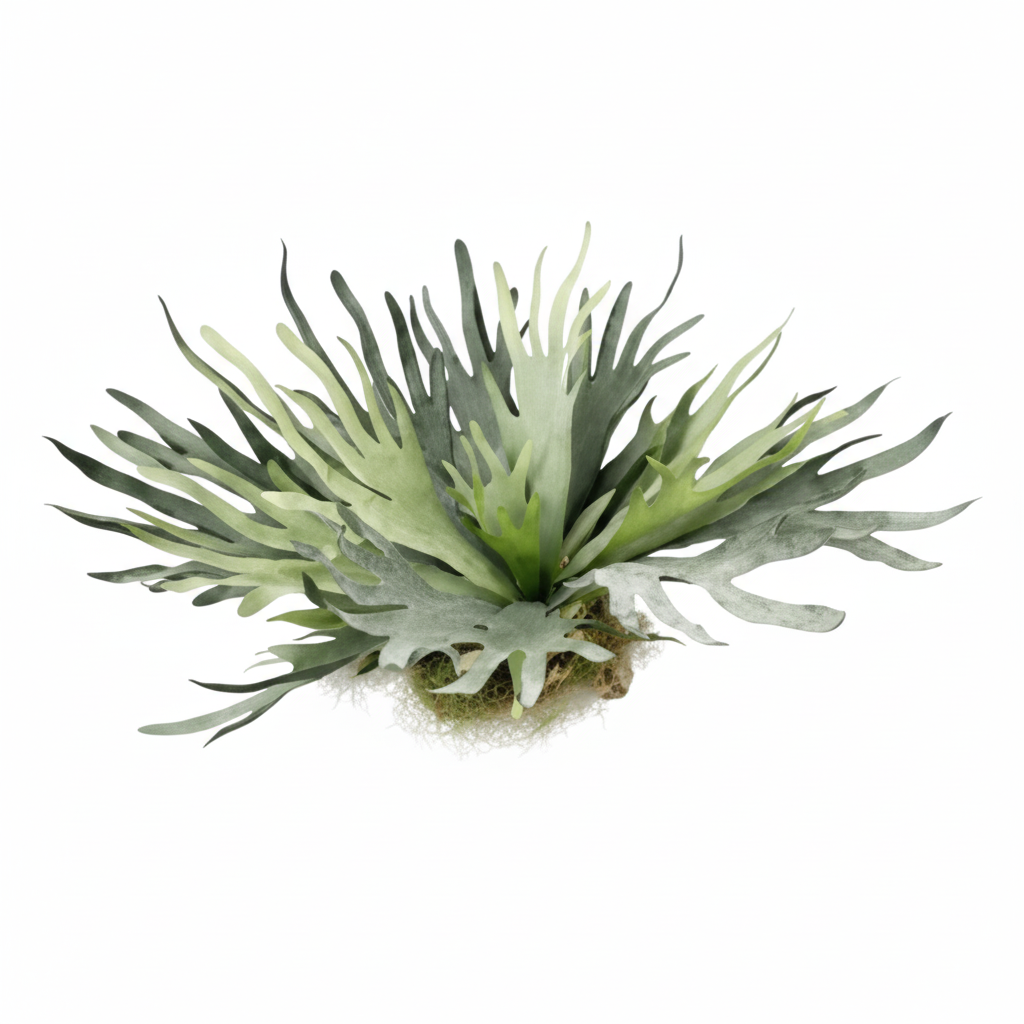 Close-up detail of artificial staghorn fern fronds showing realistic sage green texture and antler-like shape