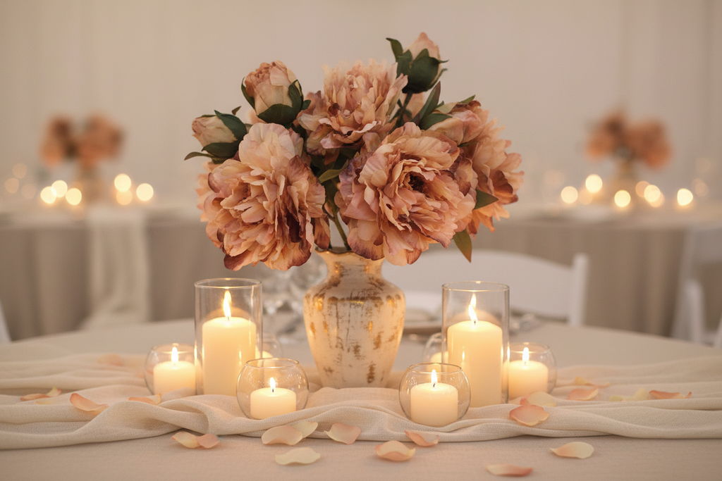 Spring wedding reception centerpiece featuring blush peach peony stems with large bloom in vintage vase with candles